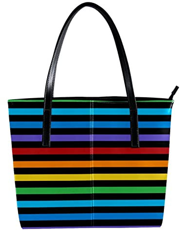 Schultertasche, leicht, lässig, Schultasche, Lehrertasche, Handtasche, Geldbörse, bunte horizontale Linien, gestreiftes Muster mit schwarzem Hintergrund, Mehrfarbig