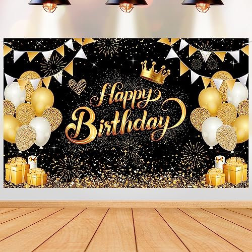 G2PLUS Happy Birthday Banner,Decorazioni Feste con Banner di Buon Compleann Oro Nero Striscione di Compleanno Banner Compleanno Festa Decorazioni 185×115 cm