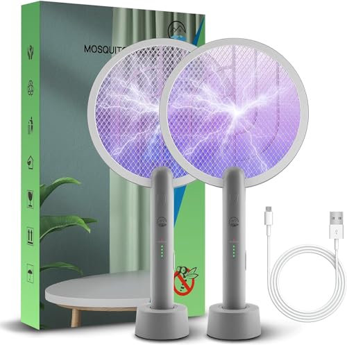 Racchetta Zanzare Elettrica, Mosiller 2 in 1 Scacciamosche 4000V con USB Base Di Ricarica, Insetti Portatile e Lampada UV per Casa, Cucina E Estern(2 PZ)