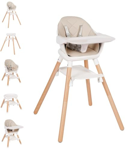 Komcot High Chair, 6 in 1 Wooden Convertible High Chairs for Babies and Toddlers, Booster Seat with Double Tray & Reversible Footrest Baby Highchair, 5-Point Harness Baby Feeding Chair, Beige