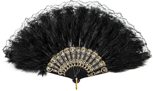 Heveer Damen Fächer Feder Retro Handfächer Faltbar Handheld Handfächer für Kostüm Dekoration Hochzeit Halloween Party Schwarz