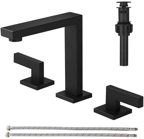 RUMOSE 8 inch Widespread Matte Black Bathroom Faucets for Sink 3 Hole Stainless Steel 2 Handle Lavatory Square Faucet Modern RV Bathroom Faucets with Pop Up Drain Vanity Faucet Deck Mounted