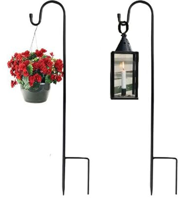 Alytimes Shepherd's Crooks, Height Adjustable Festoon Pole, 80.5 CM/31.6 in Garden Lantern Shepherd's Hook with Base for Hanging Basket Stand, Patio, 4 Sections Stitched (Black) (2)
