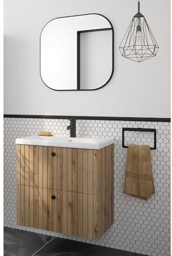Lomadox Badmöbel Set Waschplatz Set 2-teilig, 60 cm Waschtisch und Spiegel, Eiche