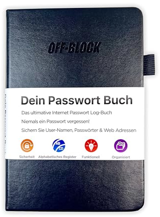OFF-Block Dein Passwort Buch DEUTSCH I mit A-Z Register I Organizer für Passwörter, Benutzernamen, Webseiten und mehr I mit Stiftschlaufe I Gummiband I Dokumententasche innen Farbe schwarz