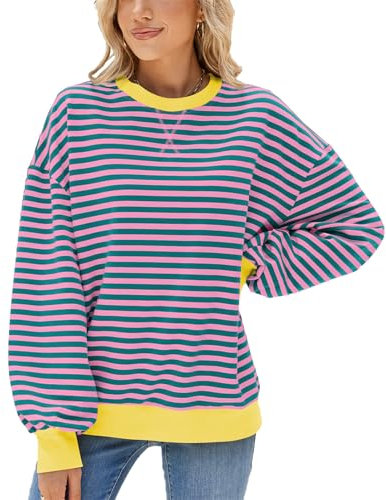 SotRong Dam överdimensionerad randig färgblock långärmad tröja med rund hals ledig lös pullover Y2k skjorta topp för flicka, Grön och rosa, XXL
