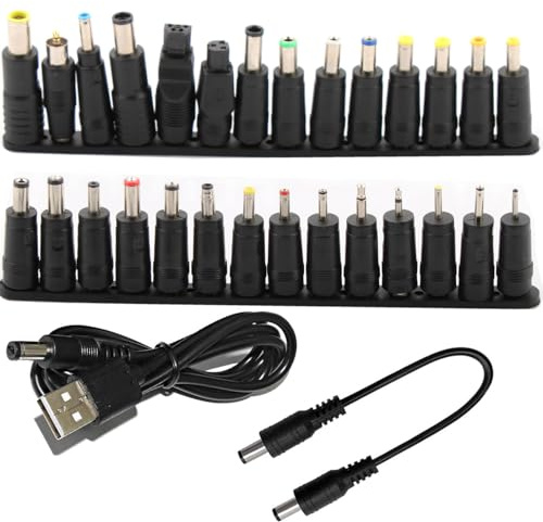 VISSQH Cable USB a DC 5V, 28 Tipos de Adaptador de Corriente, Fuente de Alimentación 5.5x2.1 mm Hembra a Macho (Negro)