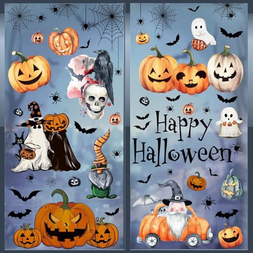 KOCOVIMI Halloween Fensterdekorationen, eine große Menge an Gruseligkeit, Kürbisse, Hexen, Fledermäuse, ideal für Halloween Partys und Feiertage, Innendekorationen