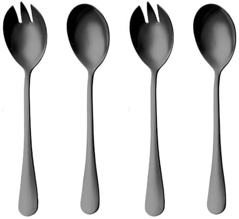 4 Stück 4.5 x 19,5cm Salatbesteck Schwarz, Mittelgroßer Salatbesteck, 2 Salatlöffel und 2 Salatgabel, Poliert und Geschliffen Antihaftbeschichtet Edelstahl Salat Server für Restaurant, Hotel, Picknick
