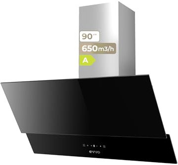 EVVO Campana Extractora 90 cm de Ancho Decorativa, Potencia 800 m³/h, Control Táctil y Gestual, Filtros de aluminio y Carbon Activo, Eficiencia Energética A++, CE47 Cristal Black