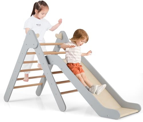GYMAX 2 in 1 Kids Climbing Set, Wooden Toddler Climber with Slide, Outdoor Indoor Montessori Climbing Toys for 3 Years Old + Boys Girls (Grey)