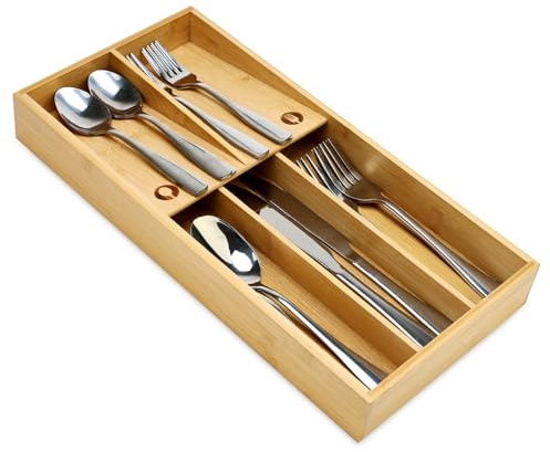 Hilislog Bamboo Silverware Drawer Organizer Flatware Tray for Drawer Wood Kitchen Utensil Tray Holder Cutlery Caddy Flatware Drawer Organizer for Spoon, Fork, Knives Wooden Silverware Organizer