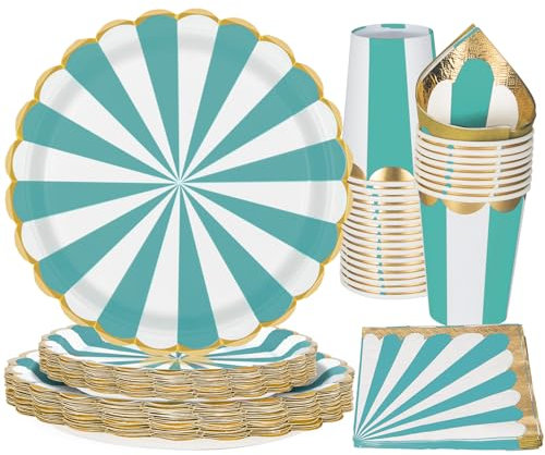 PARTY GO 96 Pezzi Stoviglie per Feste Per 24 Ospiti Con Piatto Strisce Usa e Getta di Carta Party Tazze Tovaglioli, Piatti Carta per Compleanno, Nuziale Doccia, Fidanzamento, Matrimonio, Verde