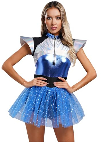 Agoky Damen Alien Kostüm Metallic Kleider mit Tutu Rock Kurzarm Ballettkleid Tanzkleid Halloween Fasching Cosplay Outfits
