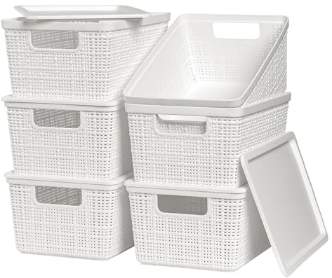 WRRLORS 6 Pack Plastic Storage Baskets With Lids,White Breathable Stackable Storage Bins,Small Storage Containers,for Organizing Storage Baskets on Desktops,Closets,Playrooms,Classrooms,Offices