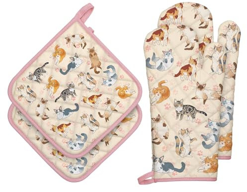 Arquiel Guanti Da Forno Presina Set Di 4, 100% Cotone Addensare Guanti Da Forno A Microonde, Presine Da Cucina Morbida Resistenti Al Calore Per Arrostire, Cuocere(gatto dei cartoni animati)