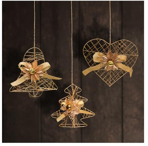 com-four® 3X Deko-Anhänger, Herz, Glocke, Baum, Goldfarbene | Tür - Wand- und Fensterschmuck - glitzernde Weihnachtsdeko zum Aufhängen