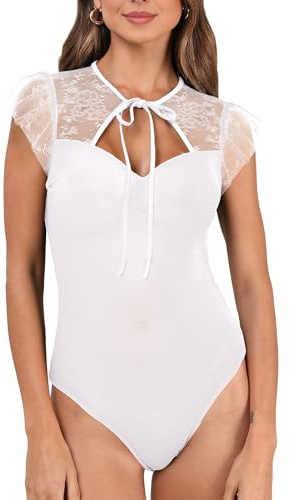 SEBOWEL Spetsbody för kvinnor, sexig, långärmad, nätbodysuit, spets, v-ringad, elegant, transparent topp, C-vit, XL