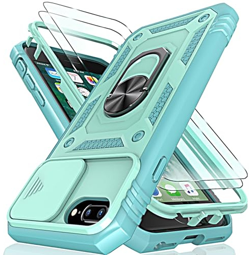 HpulaCase for iphone 7 Plus / 8 Plus Case with Camera Cover Slider, 2*Screen Protectors,Build in 360°Rotating Ring Kickstand, Military Grade Protective Case for iphone 6 Plus-Green