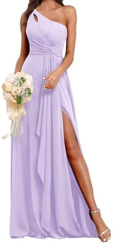 Abiti da damigella d'onore monospalla per matrimonio in chiffon pieghettato abito da sera formale con fessura AH127, Lilla, 42