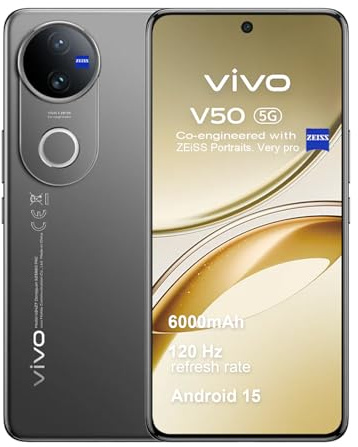 VIVO V50 5G Smartphone 12GB RAM 512GB ROM, 120Hz 6.77 AMOLED, 6000mAh Batería, Cámara Profesional ZEISS 50+50 MP, Snapdragon 7 Gen 3, IP69, Dual Sim, NFC, Android 15, Negro