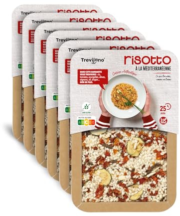 Trevijano Risotto Mediterraneo: 6 vaschette da 280g ciascuna. Senza additivi o conservanti, solo ingredienti vegetali disidratati: riso, pomodoro, zucchine, aglio, olive, cipolla, origano