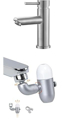 Ibergrif Set: Waschtischarmatur aus Edelstahl Antifingerprint + 360° Drehbarer Perlator mit 4 Strahlarten, Kalkfilter & Verlängerung aus Messing – Einfache Installation für Badezimmer