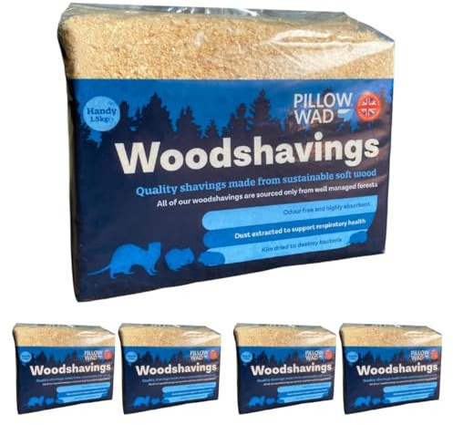 7.5kg Pillow Wad Wood Shavings (1.5kg each) Kiln Dried, Dust Extracted Small Animal Bedding Premium Quality, Soft & Absorbent Pet Bedding for Rabbits, Guinea Pig, Hamster, Sawdust & Other Small Pets.