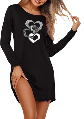 Demegimi Nachthemd Damen Langarm Schlafshirt Baumwolle Rundhals Printed Sleepshirt Winter Nachtkleid Oversize S-XXL