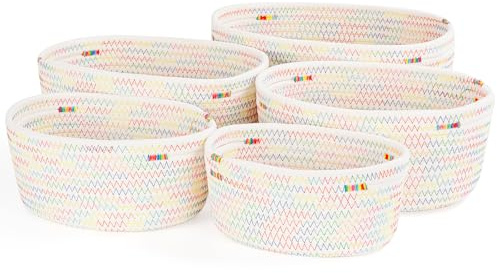 Otauoaea Cestini Portaoggetti in Corda di Cotone, Set di 5 Cestino da Bagno, Cestini Portaoggetti Neonato, Contenitore Bagno, Ceste con Manici, Cestino Portaoggetti Intrecciato in Corda di per Bambini
