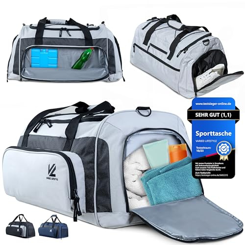 VL® Sporttasche mit Schuhfach, Nassfach & [Isoliertes Kühlfach] Saunatasche & Reisetasche für Damen & Herren Gym Bag, Gym Tasche, Fitnesstasche, Trainingstasche, Schwimmtasche 50L Grau-Schwarz