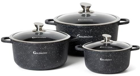 GOLDMANN 3-teiliges Kochtopf-Set (20x24x28 CM) – Guss-Aluminium Töpfe mit Glasdeckeln, Antihaft-Marmor-Keramikbeschichtung, PFOA-frei, für Induktion & alle Herdarten, spülmaschinen & ofenfest