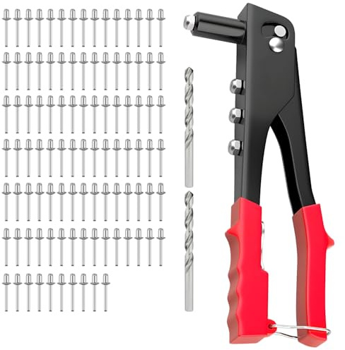 Verazquy 4-in-1 Rivet Gun Set, Heavy Duty Hand Riveter Tool Kit One-Handed Pop with 100 Rivets and 2 Pcs Matching drill bit for Metal Plastic Automotive Furniture DIY