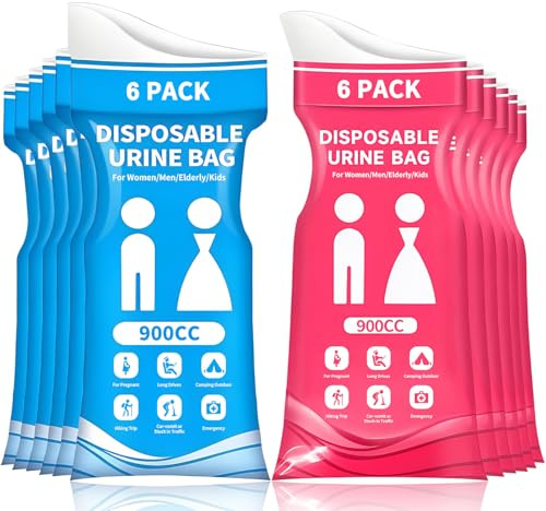 DOINEUFL 12 Stück Urinbeutel für unterwegs Frauen, 900ml Taschen WC Frauen für Auto, Mobile Toilette Auto, Auslaufsichere Notfall Toilette für Camping & Stau (Blau + Rot)