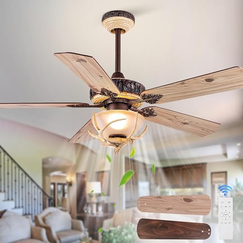 Mccokaige 52 Deer Antler Ceiling Fan with Lights Antler Ceiling Fan Farmhouse Style Farmhouse Ceiling Fan with Lights Rustic Ceiling Fans with Remote Control Vintage Ceiling Fans with Light