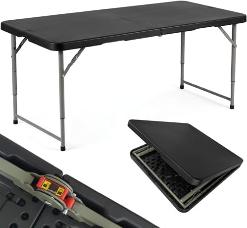 PeakFold® Klapptisch Campingtisch Wetterfest Garten 122cm Höhenverstellbar Klappbar Gartentisch Buffettisch Tragbar Faltbar Schwarz Tragegriff Haken