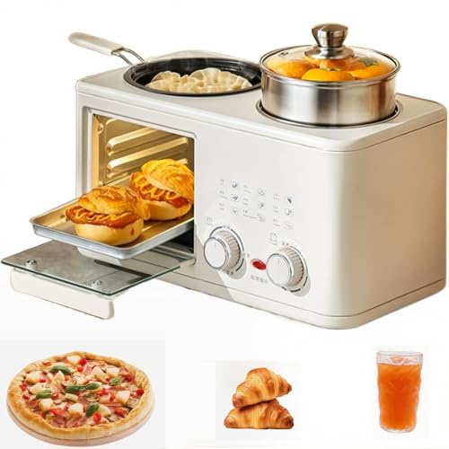 Máquina Para Hacer Desayuno Multifunción 4 en 1, Máquina Todo en Uno Para Hornear y Asar de 1200 W con Horno de 8 L y Olla de Cocción Profunda de 0,8 L, Temporizador de 60 Minutos, Sartén