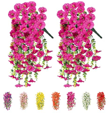 2Pcs Artificial Hanging Flowers Outdoor, Fake Trailing Plants Morning Glory Decoration UV-Resistant for Hanging Baskets - Spring Decor Garden Porch Wedding, Drooping Design for Pots & Patio (Rose red)
