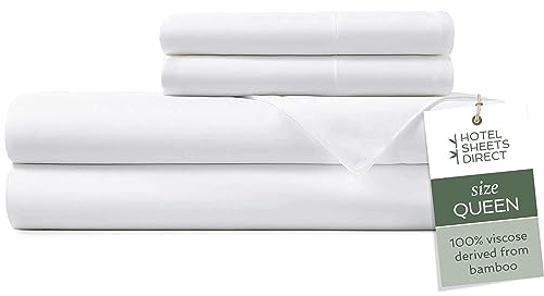 Hotel Sheets Direct 4 Piece Bed Sheet Set Queen Size, 100% Viscose Derived from Bamboo Sheets Set with 2 Pillowcases, Cooling & Breathable Luxury Bedding, Moisture-Wicking & Silky Soft Texture, White