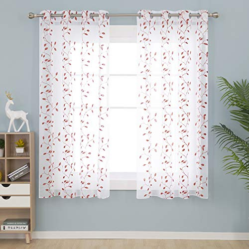 Deconovo Tende Moderne per Soggiorno Camera da Letto Bambini 2 Pezzi Trasparenti in Volie Ricamo a Foglie con Occhielli per Finestre Soggiorno 140x183 CM Arancione