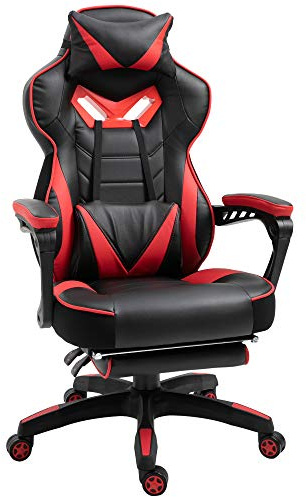 Vinsetto Silla Gaming Regulable en Altura 65x70x118,5-128,5 cm Rojo | Ergonómica, Silla de Escritorio de Oficina, Respaldo Reclinable, Reposapiés, Reposacabezas, Cojín Lumbar, Ruedas