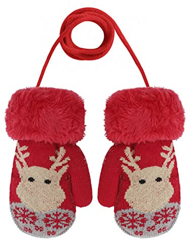 YSXY Niedliche Kinder Baby Fäustlinge Winter Warme Gestrickte Handschuhe mit Band Gefüttert Fausthandschuhe Strickhandschuhe für 1-4 Jahre Kleinkind Jungen Mädchen (Rot-Hirsch)
