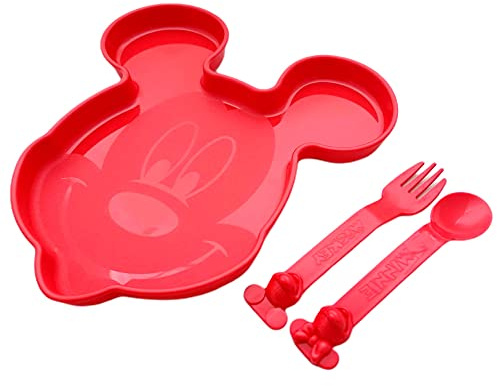 Tupperware Set (2) Kinderteller Teller mit Gabel und Löffel - Disney Mickey Minnie rot