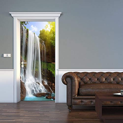 LuSeven stickers douche Cascades lacs plantes soleil 40x120cm(15.74 inches * 47.24 inches) 3D Sticker de Porte Trompe l'œil Autocollants de Porte, Autocollant Amovible étanche 3D pour pour Décor Cuisi
