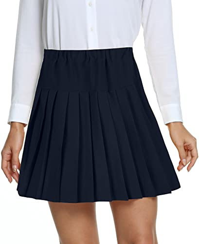 EXCHIC Donne College Stile Alta Vita Mini Pieghe Gonna Elastico Vita A-Line Scozzese Gonne con Breve Pantaloni(XXL, Blu Navy)