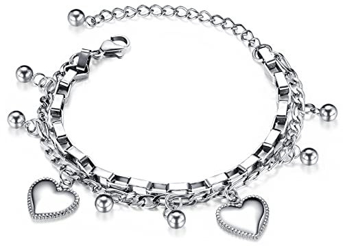 HLenyoy Herzen Symbol Charme Armband für Damen, Edelstahl Geschichtet Doppelkette Armband mit Herz-Anhänger Muttertag Valentinstag Geschenke für Mädchen ihre Damen (Silber)