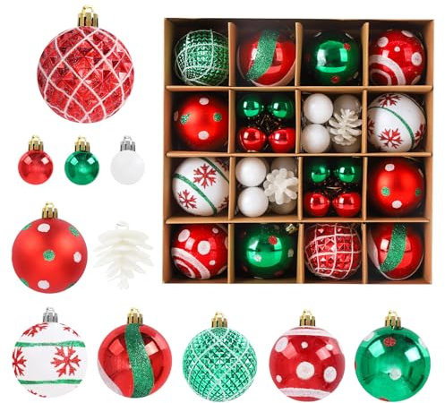 Lot de 42 Boules de Noël, Boules de Noël à Suspendre, Ensemble de Décoration de Sapin de Noël, Peinture délicate sur le Thème de Noël et Pendentifs de Sapin de Noël Scintillants Décoratifs Red-Green