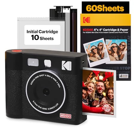 KODAK Mini Shot 4 ERA Weihnachtsgeschenke 4PASS 2-in-1 Sofortbildkamera und Fotodrucker (10x10cm) Sofortbildkamera + 10 Blatt im Lieferumfang enthalten + 60-Blatt-Patrone, Schwarz