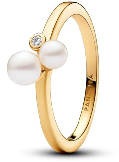 Pandora Timeless Ring, 14-karätig vergoldet, mit weißer, behandelter Süßwasserzuchtperle und klarem Cubic Zirkonia