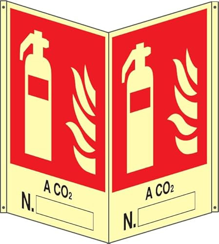 GLOBAL CARTELLO SEGNALETICO BIFACCIALE LUMINESCENTE - ESTINTORE A CO2 N. - In Alluminio Con Adesivo Luminescente Con Stampa Diretta U.V. (Alluminio Luminescente, 30x42 cm)